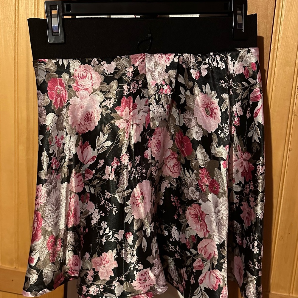 Silk Pink, White, & Black Floral Mini Skirt